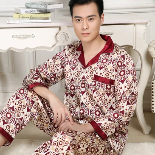 Mens Pajamas Nightwear Long Sleeve Sleep Tops Trousers Thin Ice Silk Pajamas Set