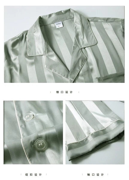 Mens Pajamas Nightwear Long Sleeve Sleep Tops Trousers Thin Ice Silk Pajamas Set