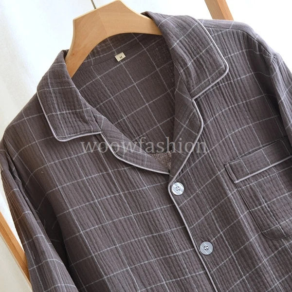 Men Cotton Gauze Long Sleeve Pajamas Set Sleepwear & Loungewear Button Down Pjs