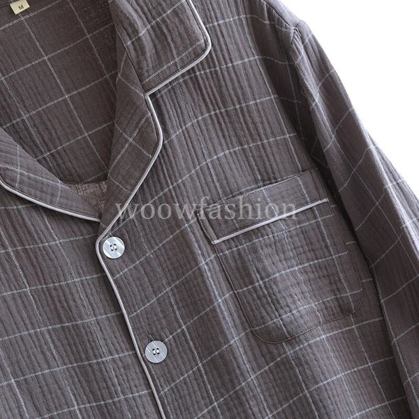 Men Cotton Gauze Long Sleeve Pajamas Set Sleepwear & Loungewear Button Down Pjs