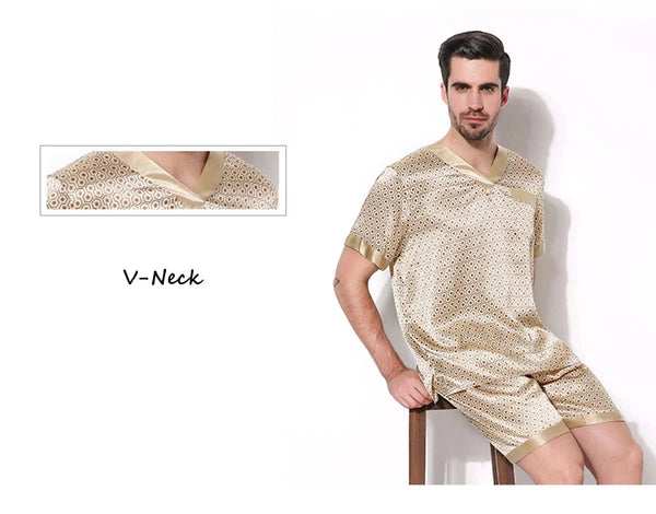 Mens 100% Silk Print Sleepwear T-shirt Top & Shorts Set Silk Pajamas Set S M L