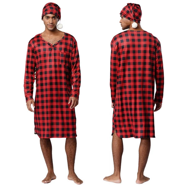 Mens Nightwear Satin Silk Pajama Set  long Sleeve and hat Sleepwear Nightgown