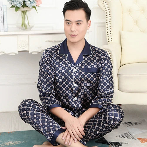 Mens Pajamas Nightwear Long Sleeve Sleep Tops Trousers Thin Ice Silk Pajamas Set
