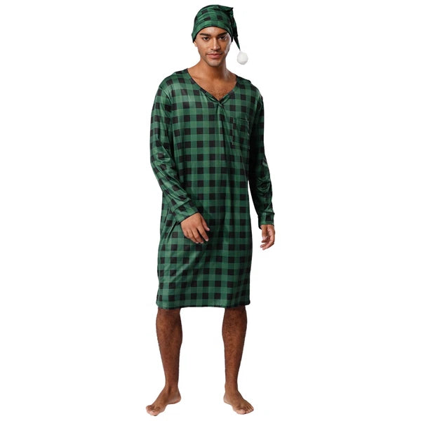 Mens Nightwear Satin Silk Pajama Set  long Sleeve and hat Sleepwear Nightgown