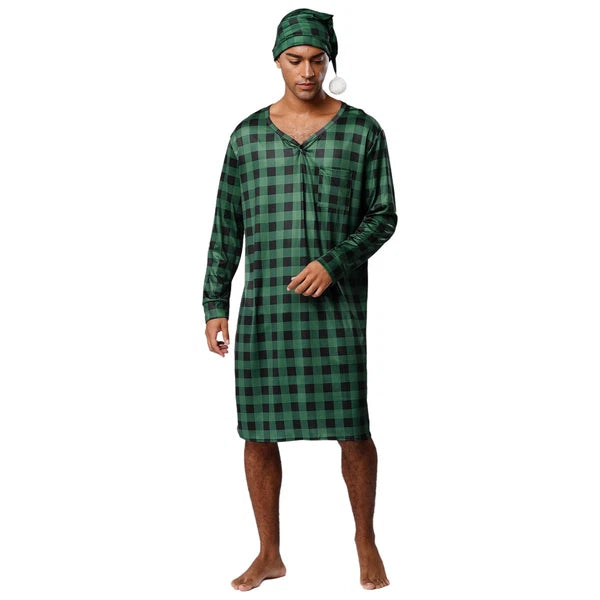 Mens Nightwear Satin Silk Pajama Set  long Sleeve and hat Sleepwear Nightgown