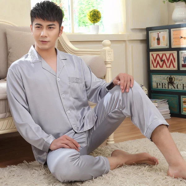 NWT 2PCS Mens Silk Satin Pajamas Sleepwear Pyjamas PJS Long Sleeve M038 M L