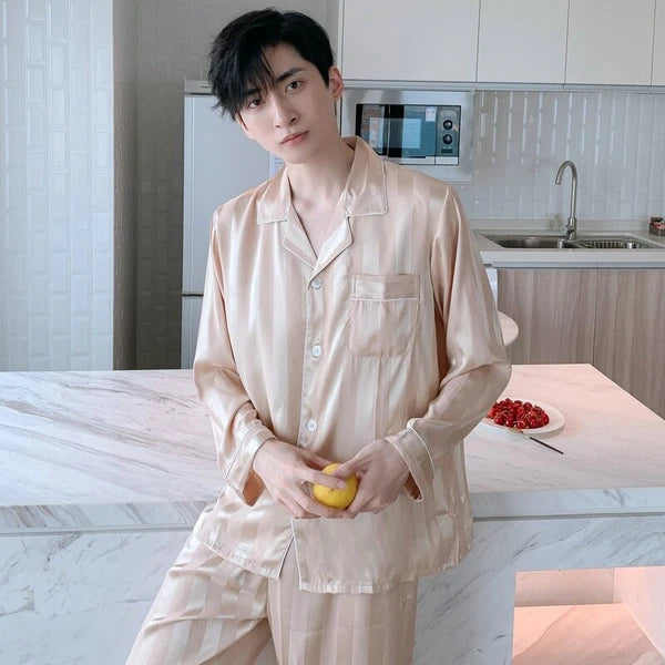 Mens Pajamas Nightwear Long Sleeve Sleep Tops Trousers Thin Ice Silk Pajamas Set