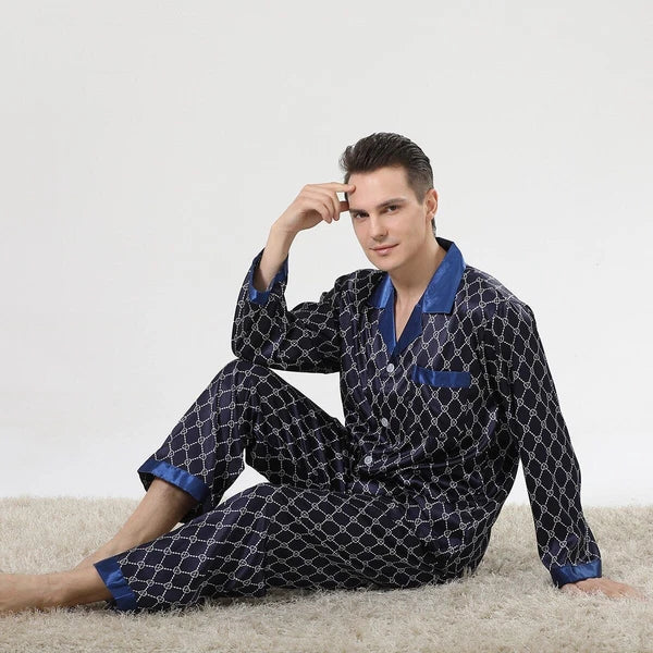 Mens Pajamas Nightwear Long Sleeve Sleep Tops Trousers Thin Ice Silk Pajamas Set