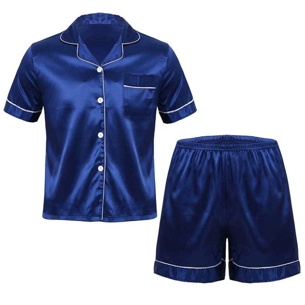 Mens Shiny Satin Pajamas Set Short Sleeves Button Down Shirt with Boxer Short