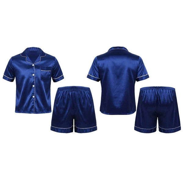 Mens Shiny Satin Pajamas Set Short Sleeves Button Down Shirt with Boxer Short