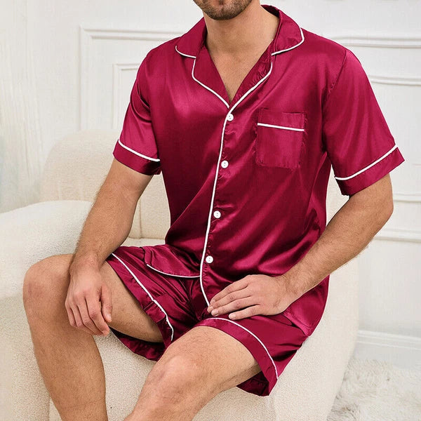 Mens Pajamas  Silk Satin Set Top and Shorts Sleepwear Nightwear Casual Pyjamas