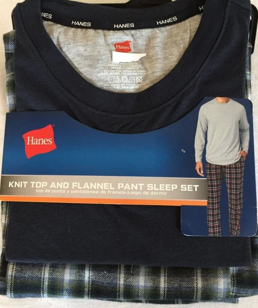 NWT Men's Hanes Long Sleeve Crew Top - Flannel Pant - Set Pajamas PJs Red / Gray