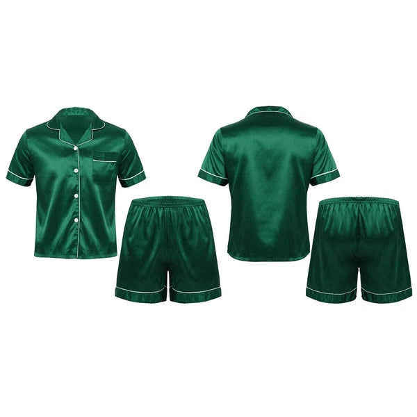 Mens Shiny Satin Pajamas Set Short Sleeves Button Down Shirt with Boxer Short