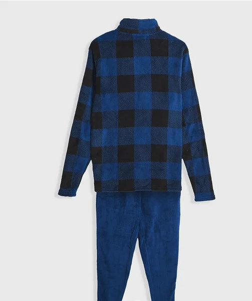 Mens High Street Checked Fleece Blue/Black Soft Warm Pyjamas Lounge Set