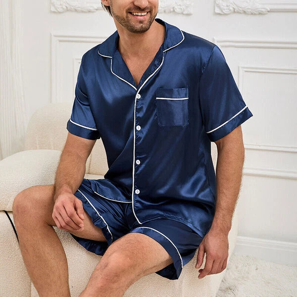 Mens Pajamas  Silk Satin Set Top and Shorts Sleepwear Nightwear Casual Pyjamas