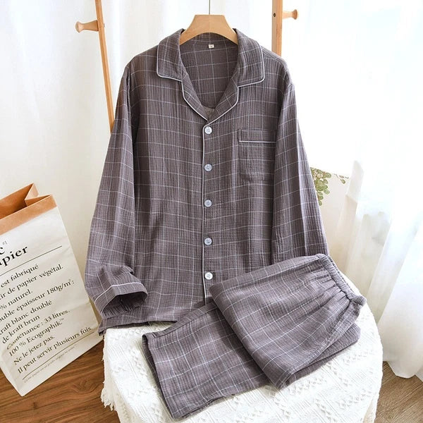 Men Cotton Gauze Long Sleeve Pajamas Set Sleepwear & Loungewear Button Down Pjs