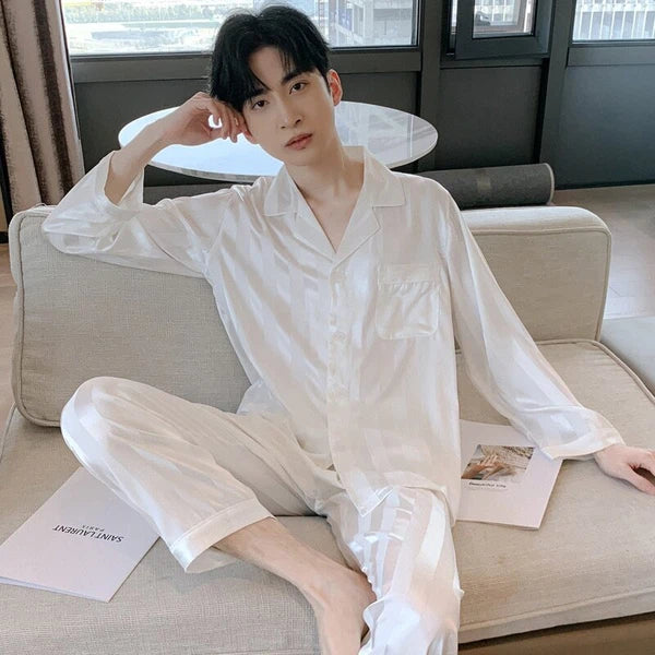 Mens Pajamas Nightwear Long Sleeve Sleep Tops Trousers Thin Ice Silk Pajamas Set