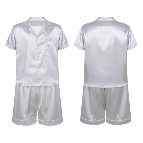 Mens Shiny Satin Pajamas Set Short Sleeves Button Down Shirt with Boxer Short