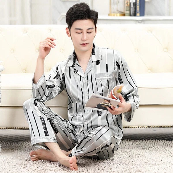Mens Pajamas Nightwear Long Sleeve Sleep Tops Trousers Thin Ice Silk Pajamas Set