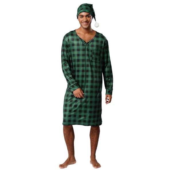 Mens Nightwear Satin Silk Pajama Set  long Sleeve and hat Sleepwear Nightgown