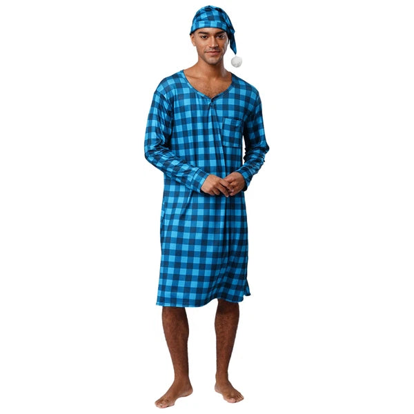 Mens Nightwear Satin Silk Pajama Set  long Sleeve and hat Sleepwear Nightgown