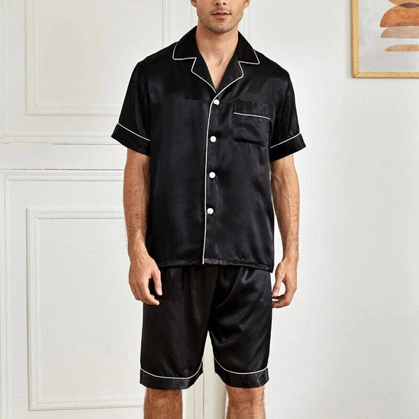 Mens Pajamas  Silk Satin Set Top and Shorts Sleepwear Nightwear Casual Pyjamas