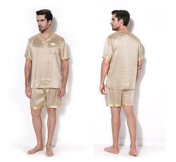 Mens 100% Silk Print Sleepwear T-shirt Top & Shorts Set Silk Pajamas Set S M L
