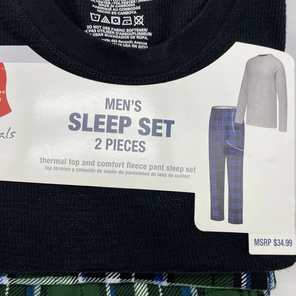 S Hanes Originals Men's 2 Pc Plaid Comfort Fleece Sleep Pajama Set Black SMALL