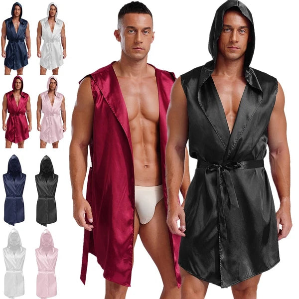 Mens Homewear Lace Up Pajama Robe With Belt Satin Nightwear Hot Spring Outfits