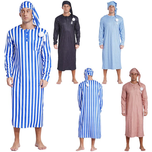 Mens Nightgowns Arabian Pajamas Striped Nightwear Loose Fit Up Cosplay Costume