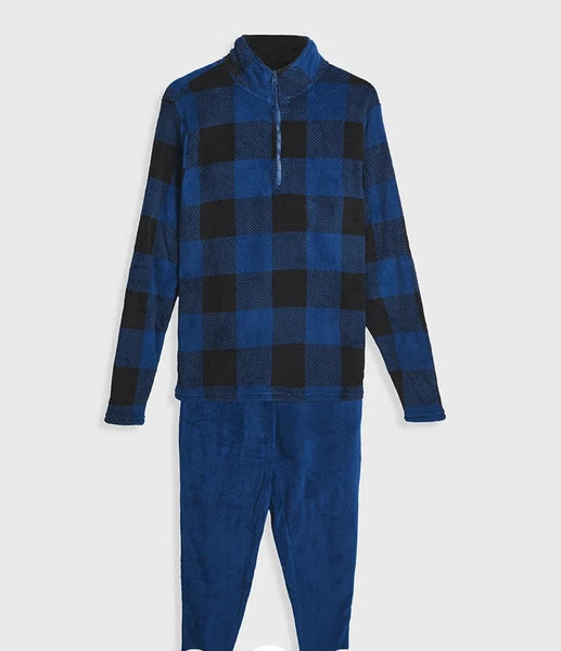 Mens High Street Checked Fleece Blue/Black Soft Warm Pyjamas Lounge Set