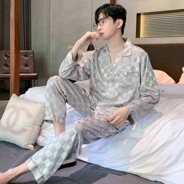 Mens Pajamas Nightwear Long Sleeve Sleep Tops Trousers Thin Ice Silk Pajamas Set