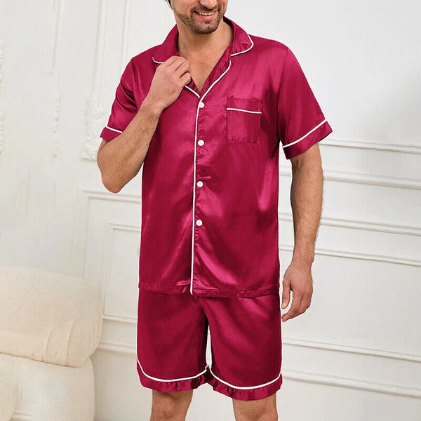 Mens Pajamas  Silk Satin Set Top and Shorts Sleepwear Nightwear Casual Pyjamas