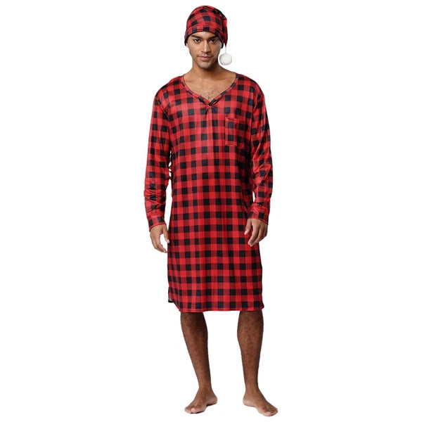 Mens Nightwear Satin Silk Pajama Set  long Sleeve and hat Sleepwear Nightgown