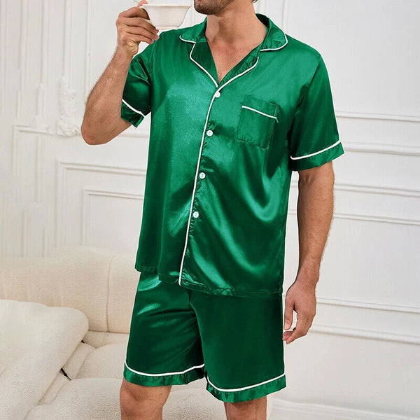 Mens Pajamas  Silk Satin Set Top and Shorts Sleepwear Nightwear Casual Pyjamas