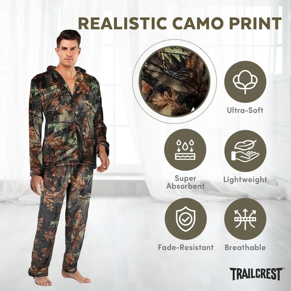 TrailCrest by Treel Camo Soft Plush Fleece Button L/S Shirt & Pants Pajama Set