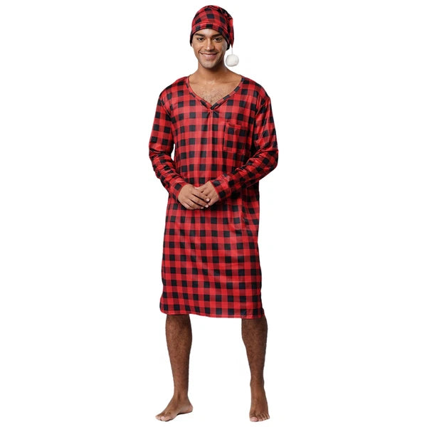 Mens Nightwear Satin Silk Pajama Set  long Sleeve and hat Sleepwear Nightgown