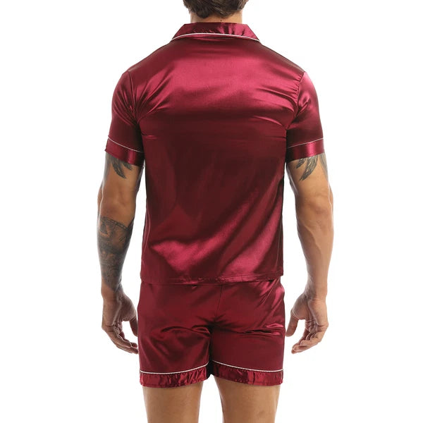 Mens Shiny Satin Pajamas Set Short Sleeves Button Down Shirt with Boxer Short