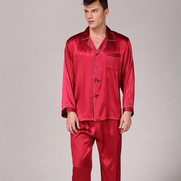Mens Pajamas Nightwear Long Sleeve Sleep Tops Trousers Thin Ice Silk Pajamas Set