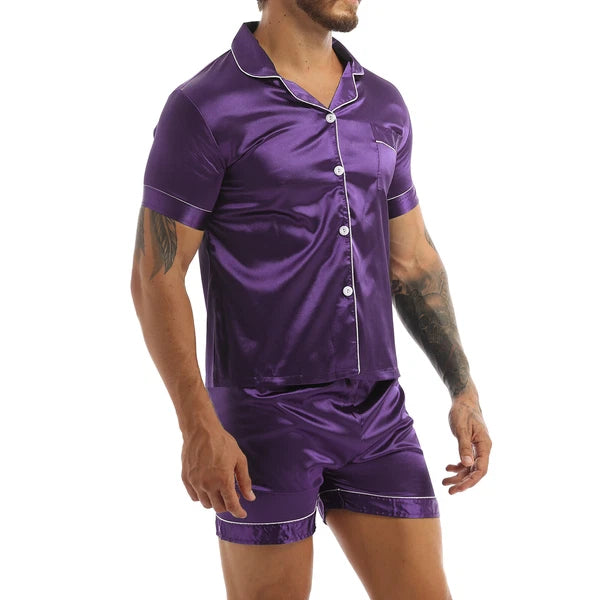 Men's Short Sleeve Satin Pajama Set with Shorts Classic Sleepwear Loungewear
