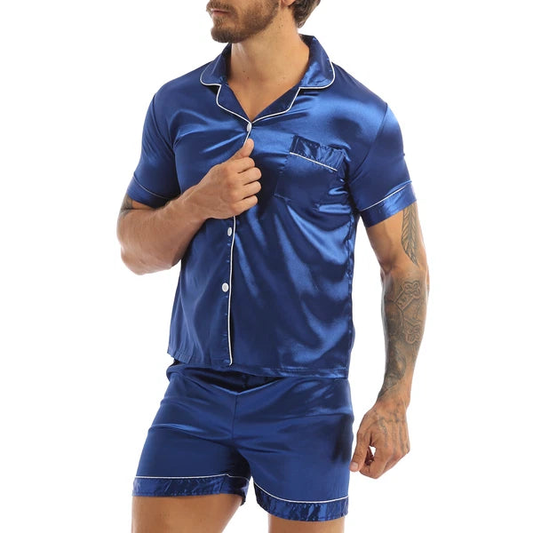 Mens Shiny Satin Pajamas Set Short Sleeves Button Down Shirt with Boxer Short