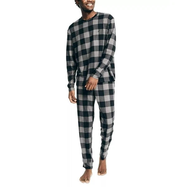 Nautica Men's Relaxed Fit 2PC Waffle Buffalo Plaid Pajama Set, Storm Grey-XL