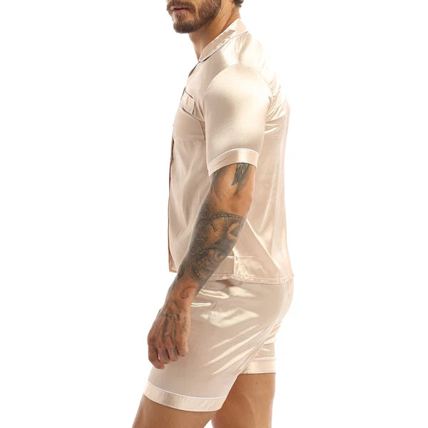 Men's Short Sleeve Satin Pajama Set with Shorts Classic Sleepwear Loungewear