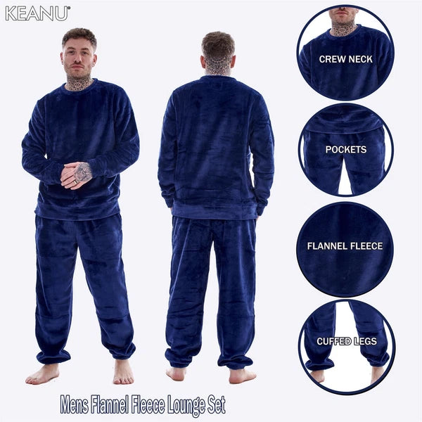 Mens Luxury Flannel Fleece Crew Neck Twosies Pyjamas Lounge Set Soft Warm Gift