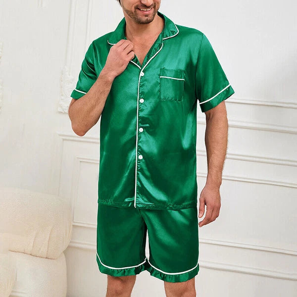 Mens Pajamas  Silk Satin Set Top and Shorts Sleepwear Nightwear Casual Pyjamas