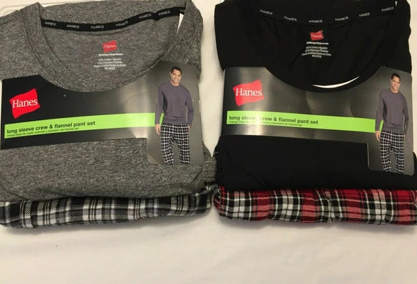 NWT Men's Hanes Long Sleeve Crew Top - Flannel Pant - Set Pajamas PJs Red / Gray