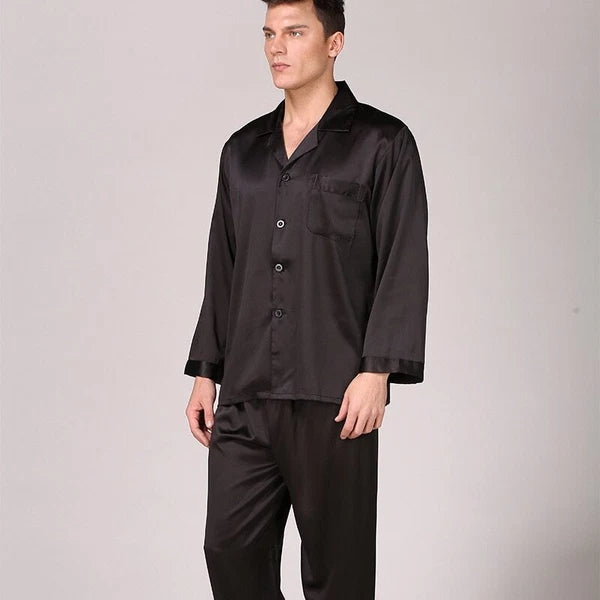 Mens Pajamas Nightwear Long Sleeve Sleep Tops Trousers Thin Ice Silk Pajamas Set