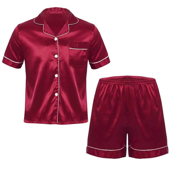 Men's Short Sleeve Satin Pajama Set with Shorts Classic Sleepwear Loungewear