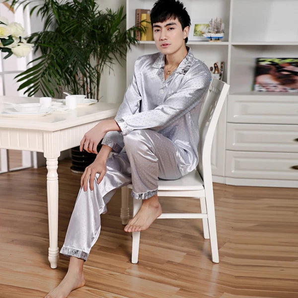 NWT 2PCS Mens Silk Satin Pajamas Sleepwear Pyjamas PJS Long Sleeve M024  M,L,XL