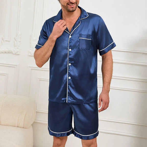 Mens Pajamas  Silk Satin Set Top and Shorts Sleepwear Nightwear Casual Pyjamas